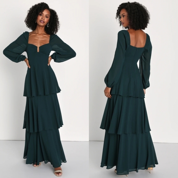 Lulus Tier to Enchant Emerald Green Long Sleeve Tiered Maxi Dress Wedding Party - Picture 1 of 8